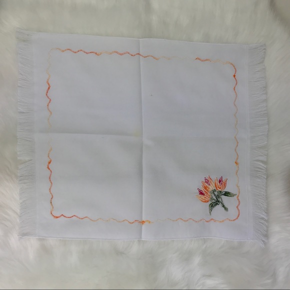 Embroidered Golden Tulips Flowers Fringe Handkerchief Vintage Style Floral - Picture 15 of 16